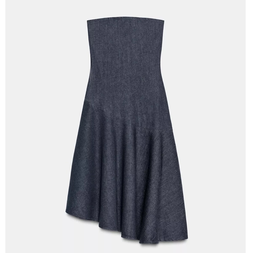 Zara NWT dark denim blue asymmetric hem strapless tube midi dress - Picture 2 of 13